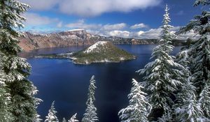 Preview wallpaper island, winter, fir-trees, lake