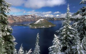 Preview wallpaper island, winter, fir-trees, lake