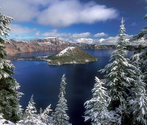 Preview wallpaper island, winter, fir-trees, lake