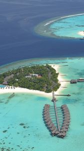 Preview wallpaper islands, bank, resort, huts, palm trees, azure, ocean, from above, design, registration