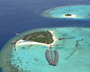 Preview wallpaper islands, bank, resort, huts, palm trees, azure, ocean, from above, design, registration