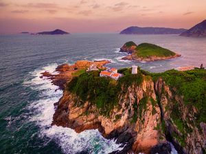 Preview wallpaper islands, buildings, lighthouse, rocks, sea