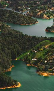 Preview wallpaper islands, water, aerial view, buildings, forest, coast