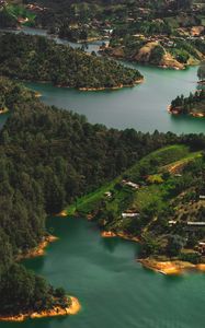 Preview wallpaper islands, water, aerial view, buildings, forest, coast