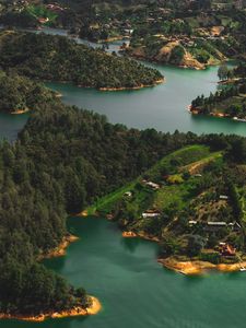 Preview wallpaper islands, water, aerial view, buildings, forest, coast