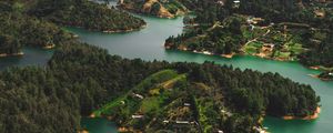 Preview wallpaper islands, water, aerial view, buildings, forest, coast