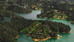 Preview wallpaper islands, water, aerial view, buildings, forest, coast