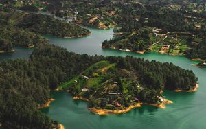 Preview wallpaper islands, water, aerial view, buildings, forest, coast