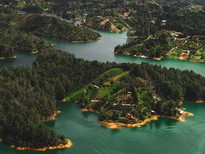 Preview wallpaper islands, water, aerial view, buildings, forest, coast