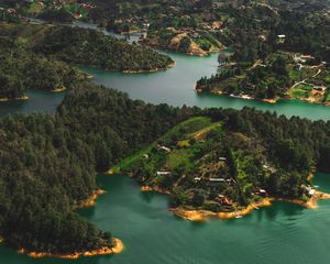 Preview wallpaper islands, water, aerial view, buildings, forest, coast