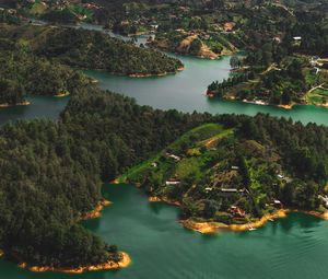 Preview wallpaper islands, water, aerial view, buildings, forest, coast