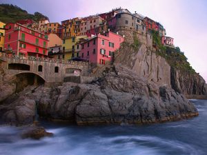 Preview wallpaper italy, buildings, houses, mountains, rocks, river