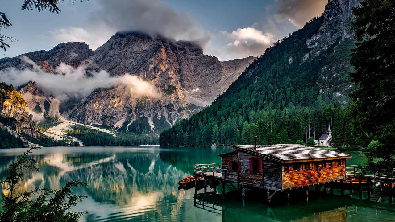 Wallpaper italy, mountain, lake, building, mountain landscape