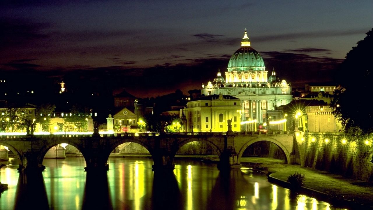 Wallpaper italy, rome, basilica, bridge angel, st peters square, night, lights, reflection, vatican