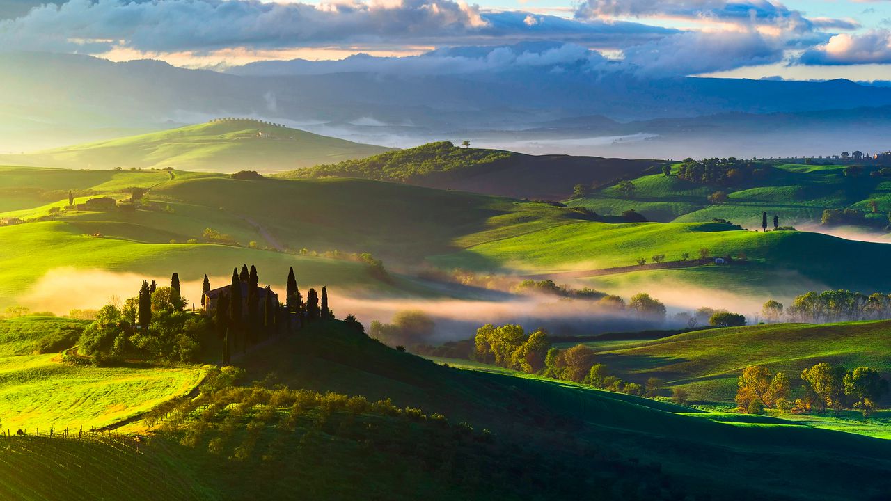 Wallpaper italy, tuscany, fields, trees, top view, fog