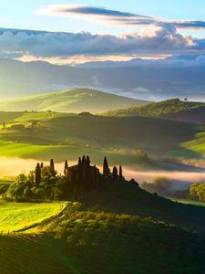 Preview wallpaper italy, tuscany, fields, trees, top view, fog