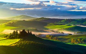 Preview wallpaper italy, tuscany, fields, trees, top view, fog