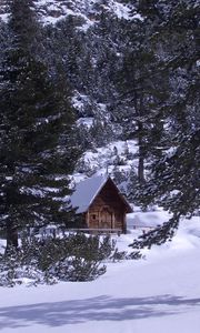 Preview wallpaper izba, wood, mountains, coniferous, snow