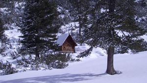 Preview wallpaper izba, wood, mountains, coniferous, snow