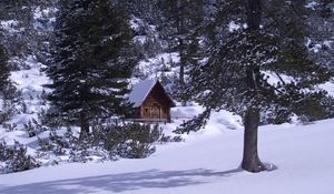 Preview wallpaper izba, wood, mountains, coniferous, snow