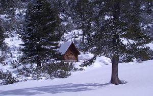 Preview wallpaper izba, wood, mountains, coniferous, snow