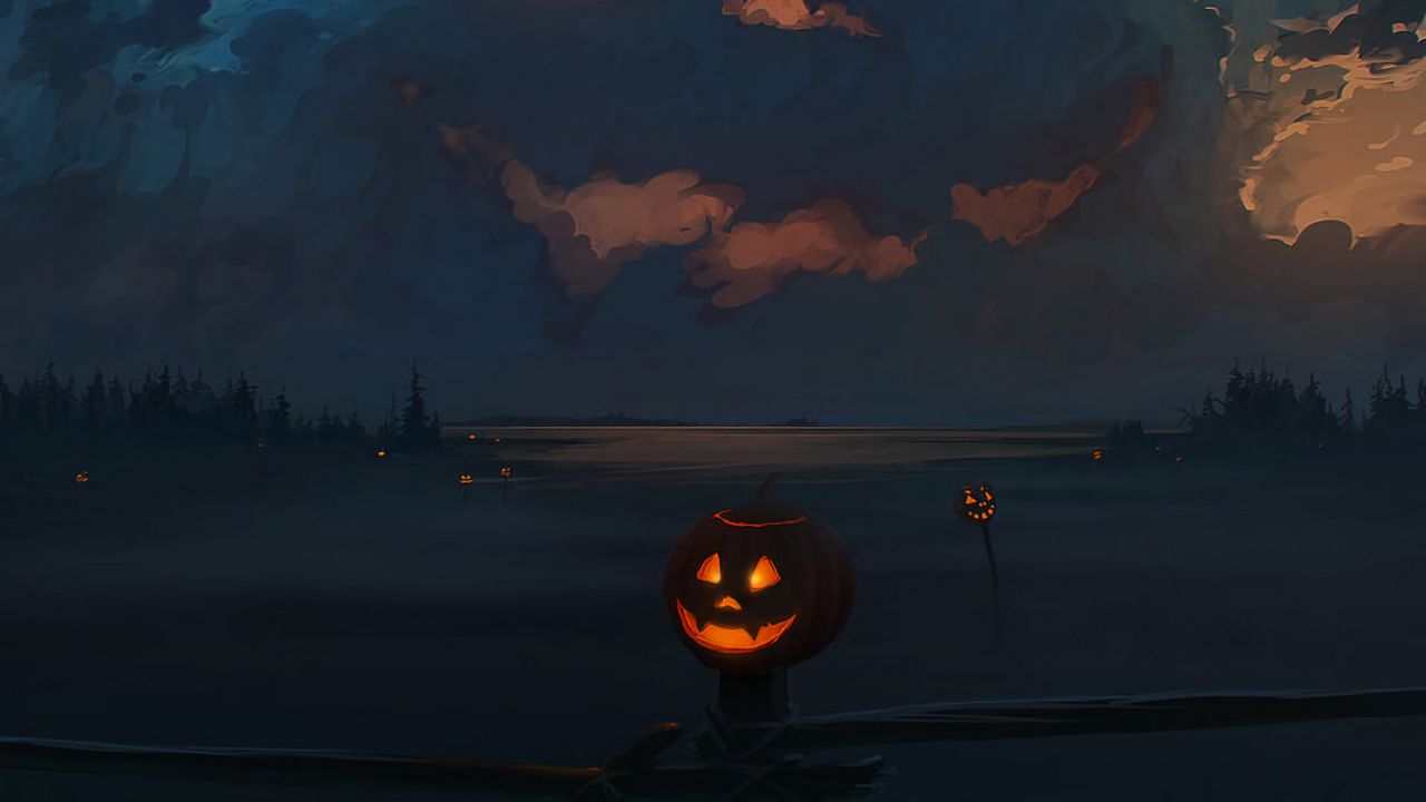 Wallpaper jack o lantern, pumpkin, halloween, art, clouds