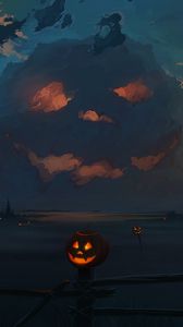Preview wallpaper jack o lantern, pumpkin, halloween, art, clouds