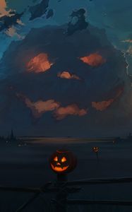 Preview wallpaper jack o lantern, pumpkin, halloween, art, clouds