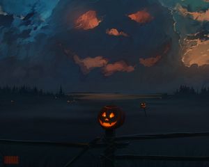 Preview wallpaper jack o lantern, pumpkin, halloween, art, clouds