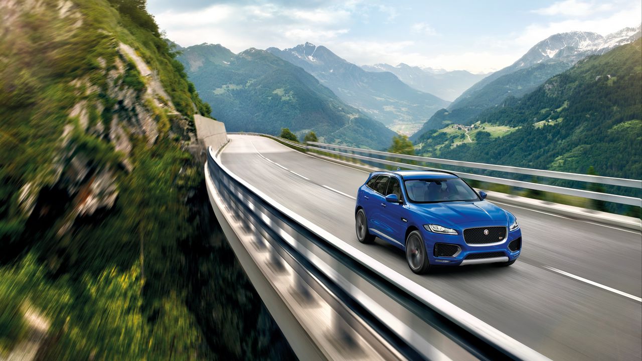 Wallpaper jaguar f-pace, jaguar, crossover, movement, mountains, bridge