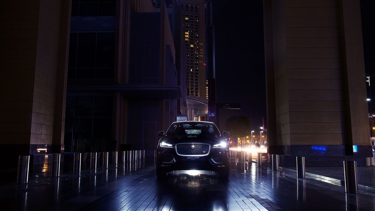 Wallpaper jaguar f-pace, jaguar, suv, lights, night city, light