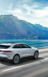 Preview wallpaper jaguar f-pace, jaguar, suv, movement, mountains