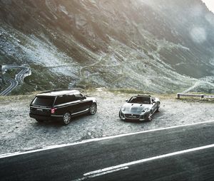Preview wallpaper jaguar f-type, range rover, mountains, road