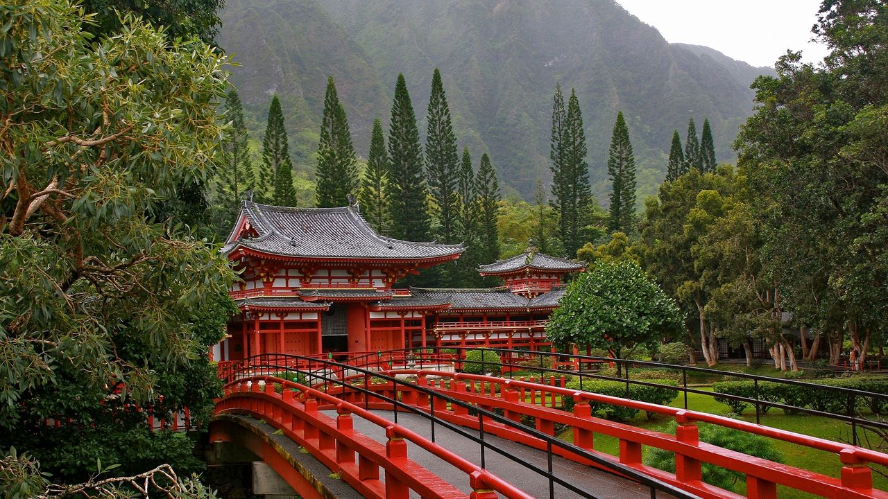 Wallpaper japan, bridge, trees, red, mountains, architecture