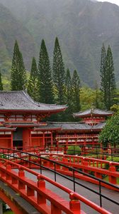 Preview wallpaper japan, bridge, trees, red, mountains, architecture