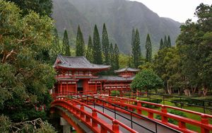 Preview wallpaper japan, bridge, trees, red, mountains, architecture