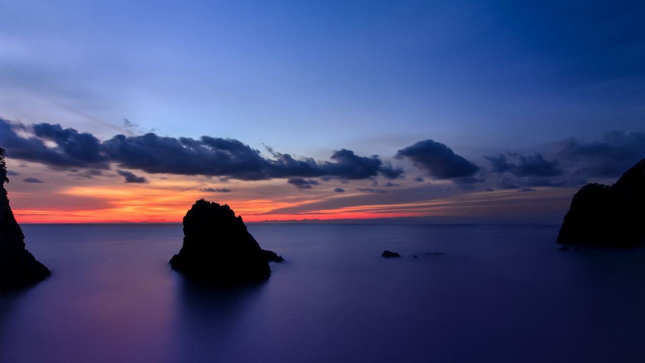 Wallpaper japan, shizuoka prefecture, island, beach, cliffs, ocean, calm, evening, orange, sunset, blue, sky, clouds