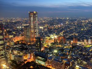 Preview wallpaper japan, tokyo, buildings, evening, lights city