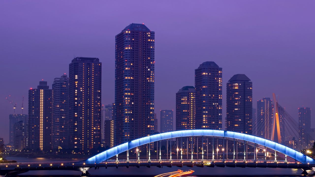 Wallpaper japan, tokyo, the capital, metropolis, skyscrapers, night, bridge, lighting, exposure, lights, river, lilac, sky