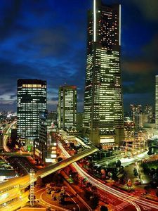 Preview wallpaper japan, yokohama, evening, metropolis, development, city lights