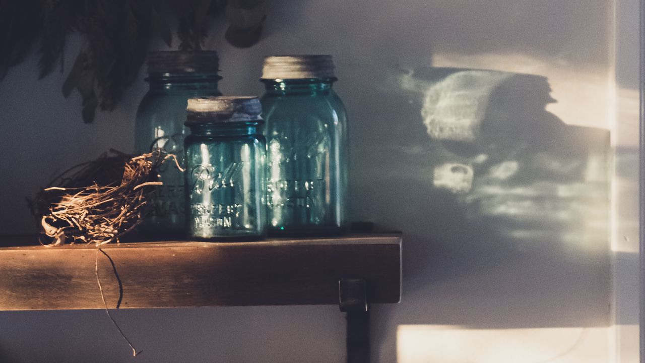 Wallpaper jars, teapot, shelves, shadows