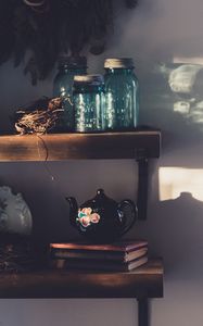 Preview wallpaper jars, teapot, shelves, shadows