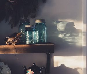 Preview wallpaper jars, teapot, shelves, shadows