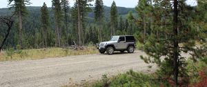 Preview wallpaper jeep, car, gray, road, forest