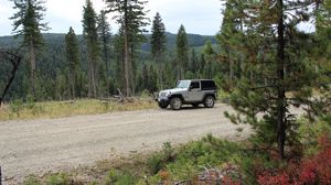 Preview wallpaper jeep, car, gray, road, forest