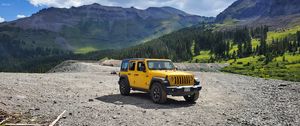 Preview wallpaper jeep, car, suv, yellow, mountains, nature