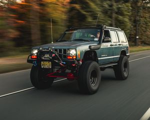 Preview wallpaper jeep cherokee, jeep, car, suv, road, speed