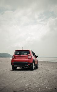 Preview wallpaper jeep renegade, jeep, suv, red, rear view, beach, off-road