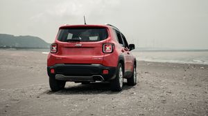 Preview wallpaper jeep renegade, jeep, suv, red, rear view, beach, off-road