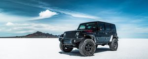Preview wallpaper jeep, suv, car, black, desert, sky
